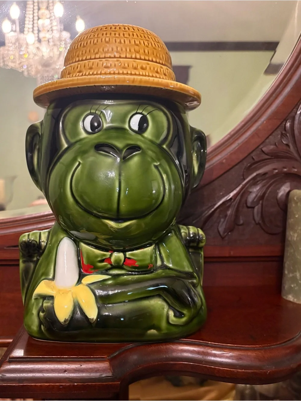 Japanese Green Ceramic Monkey Cookie Jar with Straw Hat